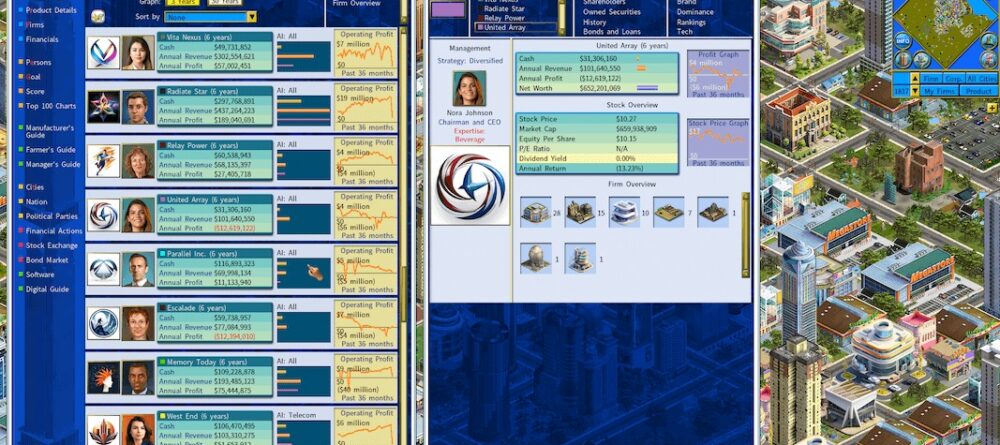 Business simulation game showing virtual corporations