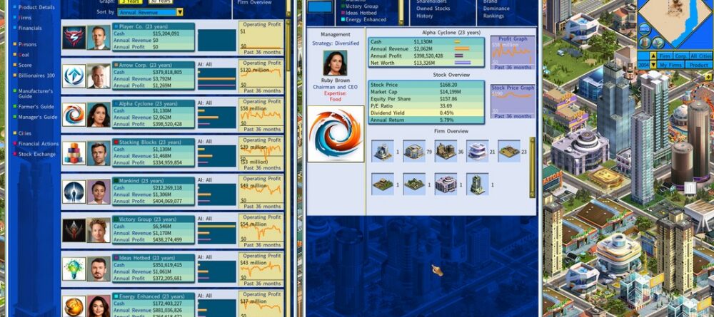 Business simulation game showing virtual companies