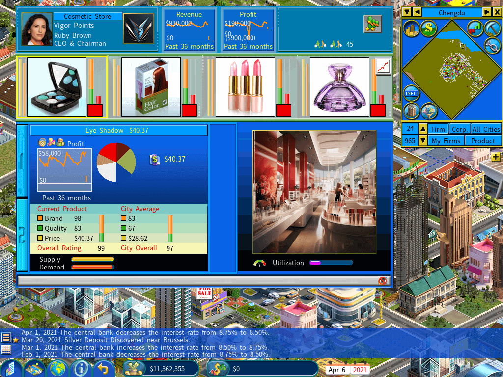 Business simulation game showing a cosmetic store