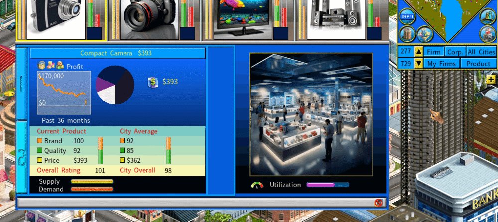Business simulation game showing an electronics store