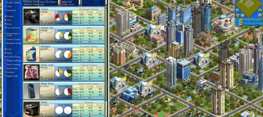 Business simulation game showing the Product List