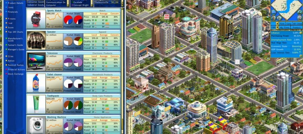 Business simulation game showing virtual products