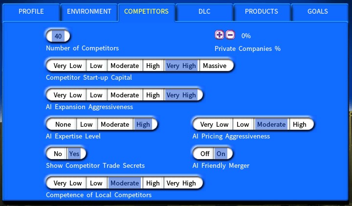 Competitor settings: lots of cities and competitors, high AI expertise