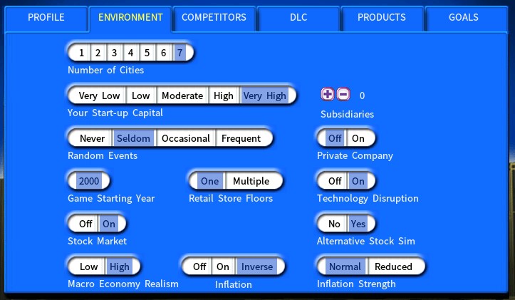 Environment settings: macroeconomic realism high, inverse inflation, moderate price competition