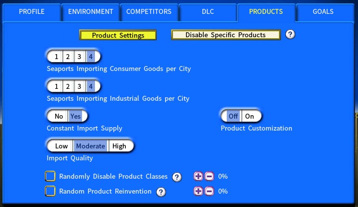 Product settings used for this game