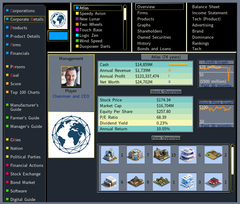 Capitalism Lab Dark Mod: the corporate details screen