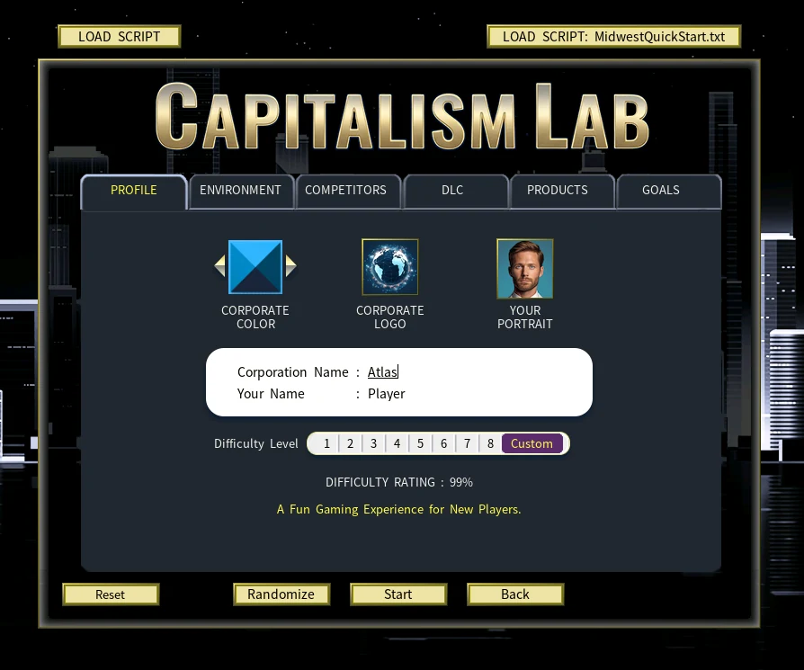Capitalism Lab Dark Mod: the new game setup window