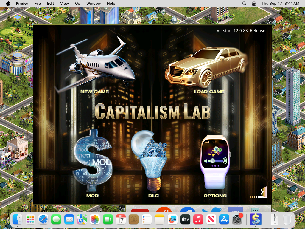 Capitalism Lab main menu running on a Mac